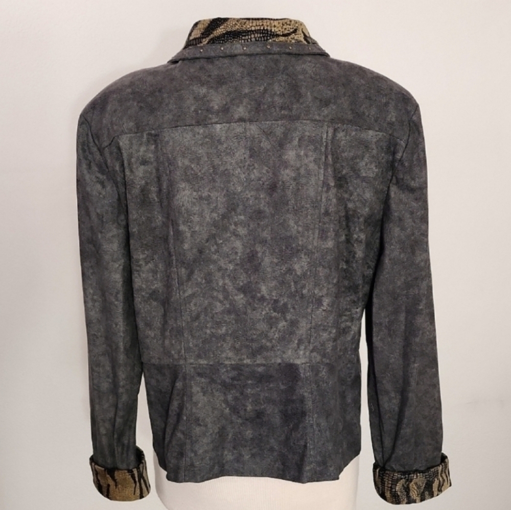 Nancy Bolen Jacket Faux Suede with Animal Print Accents Green Plus Size 14 - Picture 14 of 15